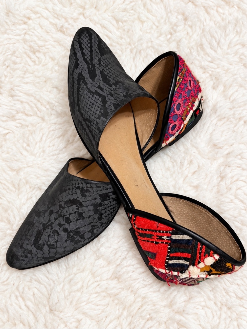 Free People Rajah  Flats  Gray Snake Skin Embroidered Accent Loafer